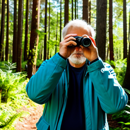 Home 14 A professional adult, fully clothed in modest, durable outdoor attire, standing in a vibrant, sunlit forest. The individual is holding a smartphone, actively photographing a unique plant with a focus on its intricate details, embodying citizen science. A compact binocular hangs from their neck. The background features lush trees and dappled sunlight. perfect anatomy, correct proportions, natural pose, well-formed hands, proper finger count, natural body proportions, professional photography, high quality, safe for work, appropriate content, family-friendly.