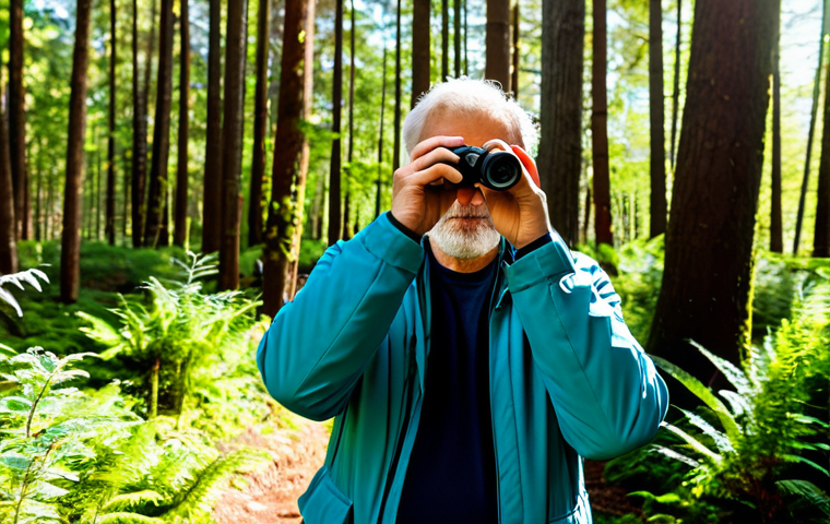 A professional adult, fully clothed in modest, durable outdoor attire, standing in a vibrant, sunlit forest. The individual is holding a smartphone, actively photographing a unique plant with a focus on its intricate details, embodying citizen science. A compact binocular hangs from their neck. The background features lush trees and dappled sunlight. perfect anatomy, correct proportions, natural pose, well-formed hands, proper finger count, natural body proportions, professional photography, high quality, safe for work, appropriate content, family-friendly.