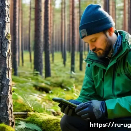 생물종 관찰 기록을 위한 비즈니스 모델 개발 - A professional ecologist using a rugged smartphone in a dense Russian forest during spring, capturin...