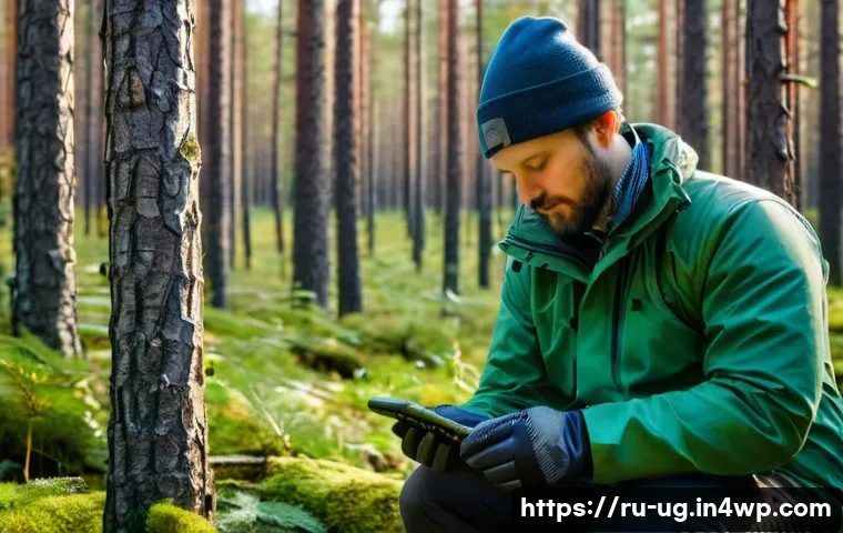 생물종 관찰 기록을 위한 비즈니스 모델 개발 - A professional ecologist using a rugged smartphone in a dense Russian forest during spring, capturin...
