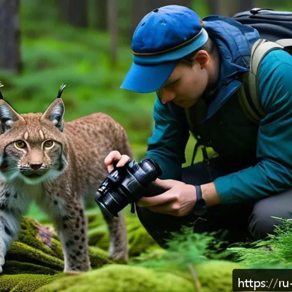 생물종 관찰 기록 작성 시 참고해야 할 자료 - A detailed scene of a Russian ecologist using a high-resolution digital camera and a portable micros...