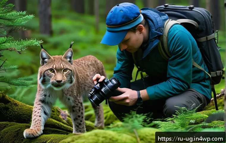 생물종 관찰 기록 작성 시 참고해야 할 자료 - A detailed scene of a Russian ecologist using a high-resolution digital camera and a portable micros...