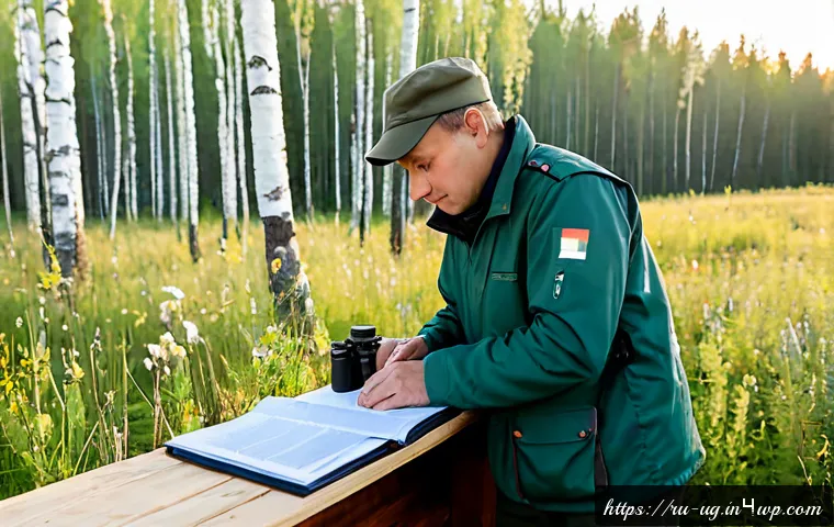 Home 17 생물종 관찰 기록을 위한 관리자 가이드 - Photorealistic biodiversity monitoring manager at a wooden field desk in a Russian nature reserve, m...