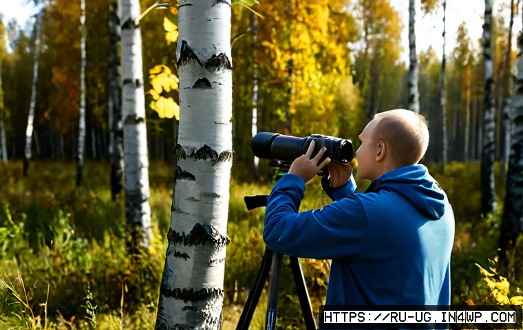 Home 17 생물종 관찰과 관련된 자원 봉사 기회 - Photorealistic volunteer wildlife survey in a Russian birch forest during early autumn, diverse adul...