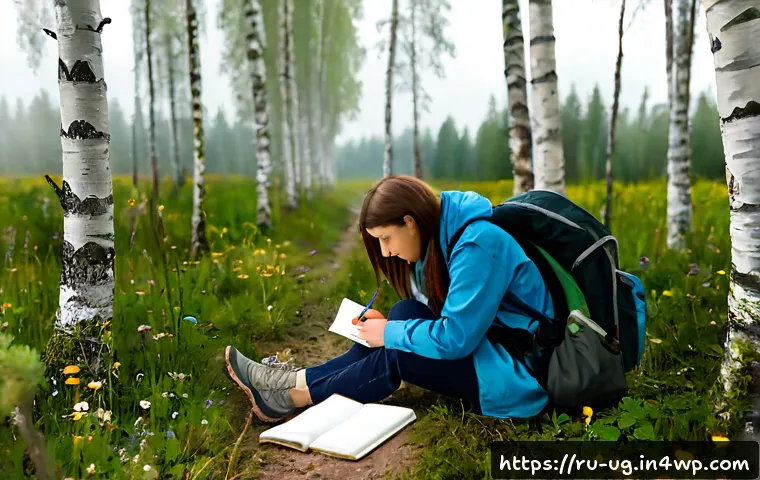 Home 17 오프라인 생물종 관찰 기록 방법 - Photorealistic Russian forest field study scene, a naturalist in practical outdoor clothing seated b...